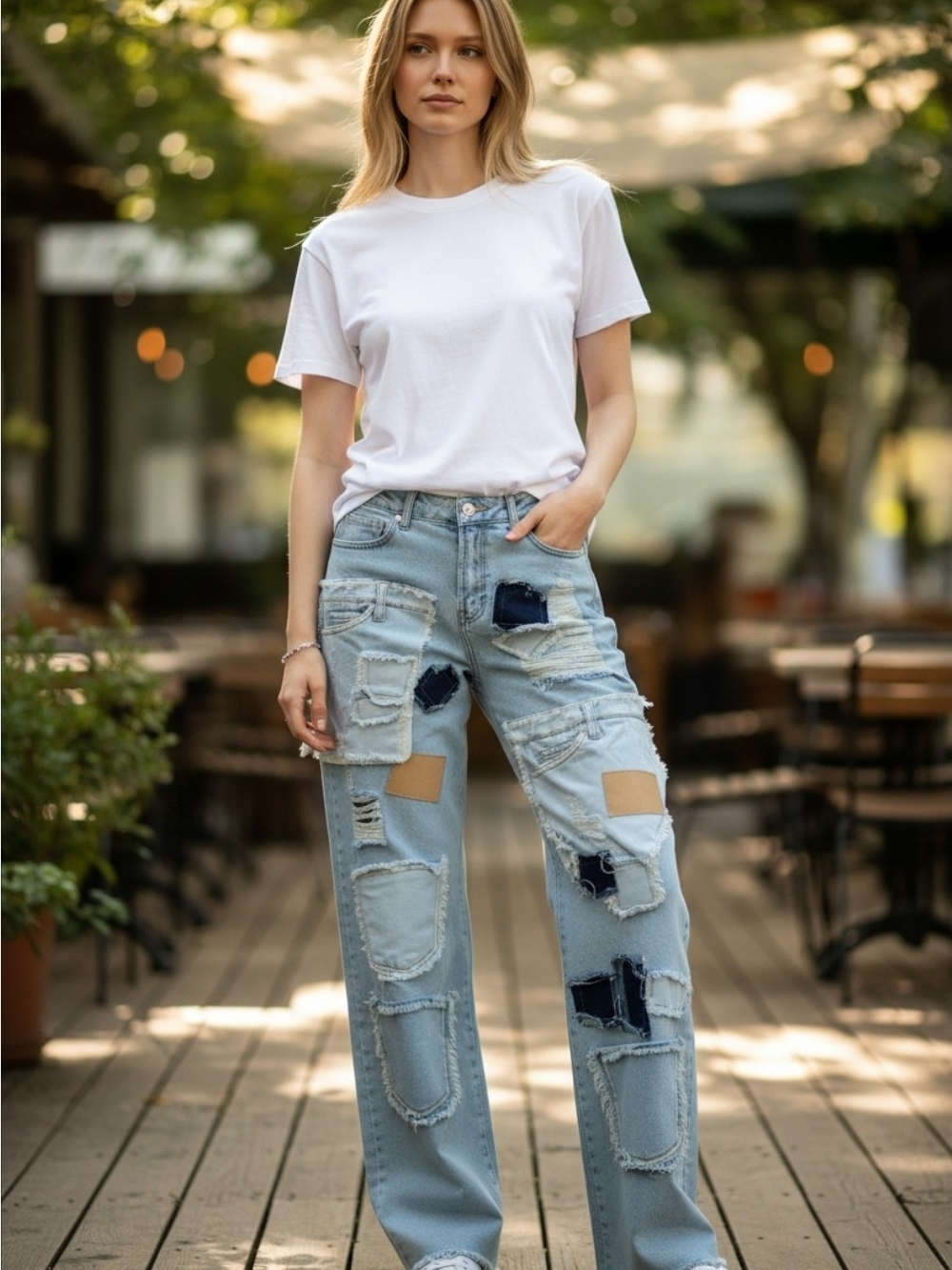 Lt Blue Y2K Patchwork Wide-Leg Mid Rise Jeans w Distressed Patches. NWOT. Sz L.